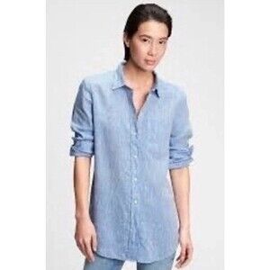 Gap 100% Linen Boyfriend Shirt Light Blue Long Sleeve Medium Coastal Beach EUC